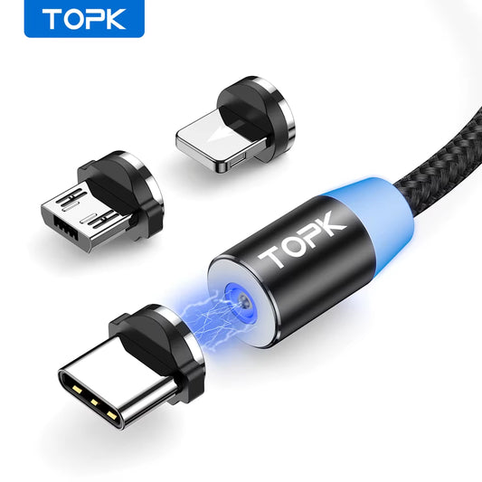 Magnetic Charging Cable 3 in 1  360 Degree Rotating Magnetic Phone Charger Cable Nylon Braided Magnetic Micro USB C Cable